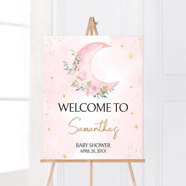 Poster Lua rosa e Chá de fraldas de estrelas bem-vindos (Twinkle Little Star Baby Shower Welcome Sign)