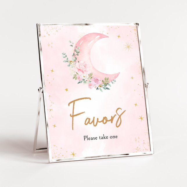 Poster Lua rosa e Chás de fraldas de estrelas (Twinkle Little Star Baby Shower Favors Sign)