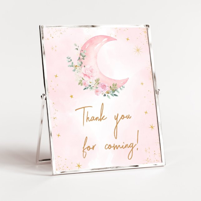 Poster Lua rosa e estrelas bebê Obrigado por vir (Twinkle Little Star Baby Shower Thank you for Coming Sign)