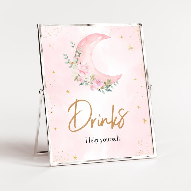 Poster Lua rosa e estrelas Chás de fraldas (Twinkle Little Star Baby Shower Drinks Sign)