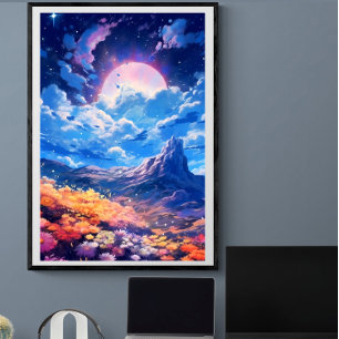 Poster Lua rosa noite céu azul paisagem floral   Ai