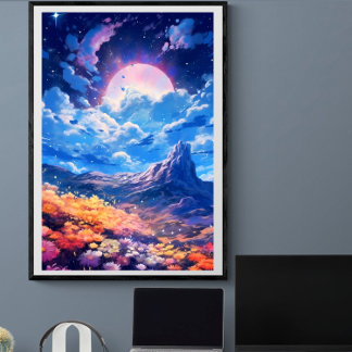 Poster Lua rosa noite céu azul paisagem floral | Ai