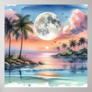 Poster Lua se põe acima do mar e ilha tropical aquarela