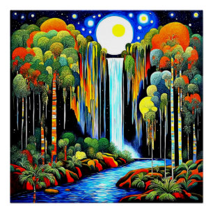 Pôster Lua sobre cachoeira