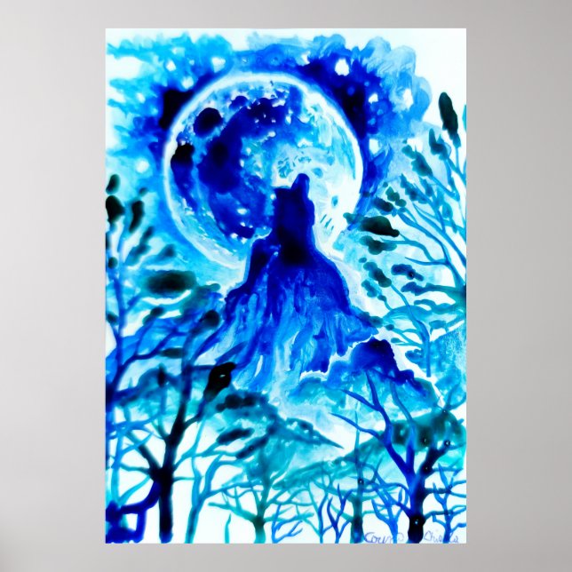 Poster Lua sobre montanhas e floresta (Frente)