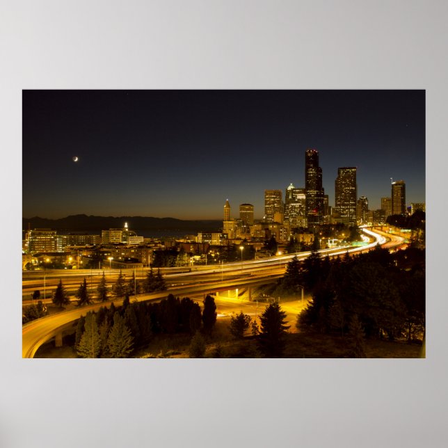Poster Lua Sobre Seattle Centro Skyline (Frente)
