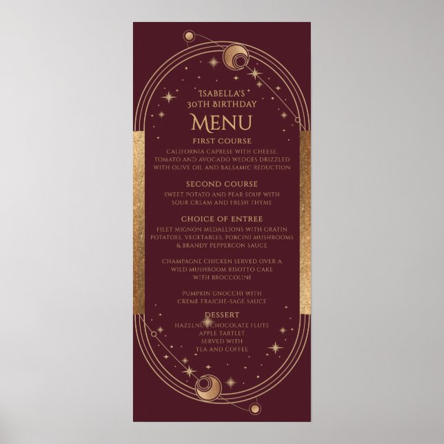 Poster Lua Vermelha Celestial Dourada Sol Estrelas aniver (Frente)