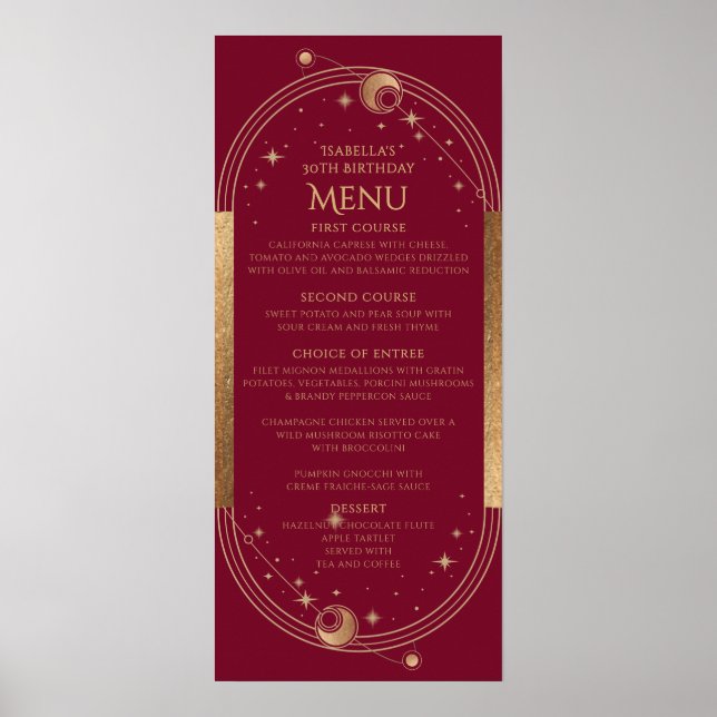 Poster Lua Vermelha Celestial Dourada Sol Estrelas aniver (Frente)