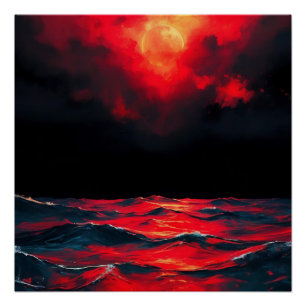 Pôster Lua Vermelha Sobre O Mar Dramático Fantasia Do Oce
