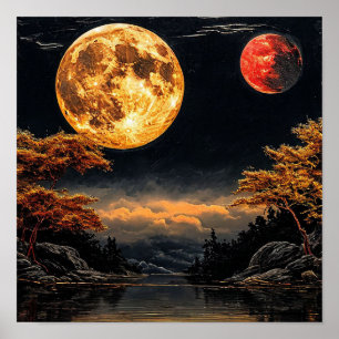 Poster Lua vermelha sobre um lago Decoração Celestial Dra