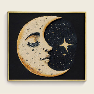 Poster Lua Vintage - Lua Adormecida - Azul Escuro