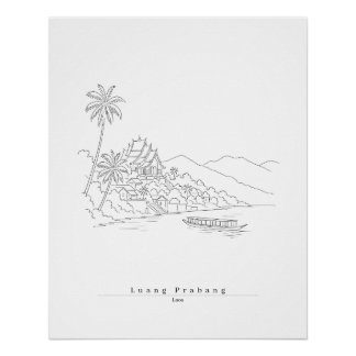 Pôster Luang Prabang Laos Arte de Linha Minimalista
