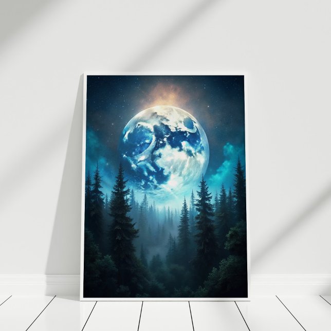 Poster Luar Sobre Pinheiros - Arte Serena Lunar (Moonrise Over Pines – Serene Lunar Landscape Art Poster in a white wooden frame)