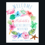 Poster Luau tropical wreath bachelorette sinal de boas vi<br><div class="desc">Festa de solteira personalizada moderna de aquarela / poster de boas-vindas de fim de semana com uma cor havaiana estilo hibiscus floral, uma estrela-estrela e um flamingo rosa. Perfeito para um luau havaiano moderno de verão, praia de aloha, litoral, oceânico, litoral, tropical, náutica ou destino tematizado de uma última festa...</div>