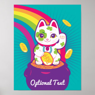 Poster Lucky Cat Maneki Neko Boa Sorte Pote Dourado
