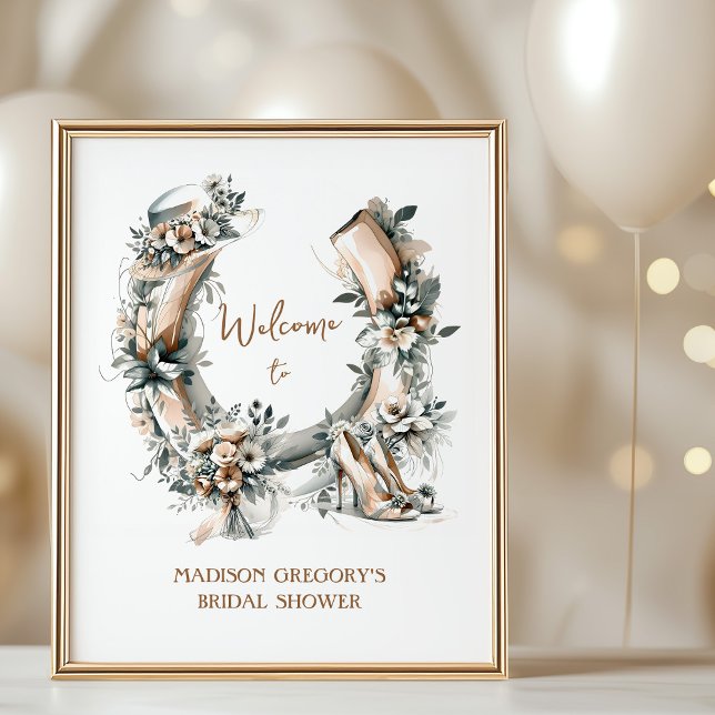 Poster Lucky Floral Horseshoe Derby Bridal Shower Welcome (Floral Horseshoe Bridal Shower Welcome Poster - order printed or as digital download)