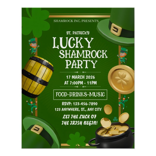 Pôster Lucky Shamrock Party St. Paddy's Day Customizable (Frente)
