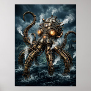 Poster Lula Mecânica Steampunk Emergindo do Oceano