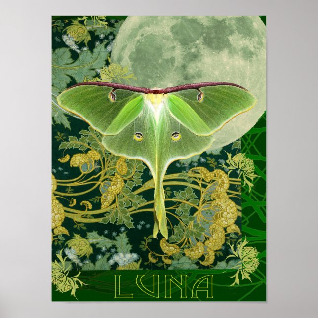 Poster Luna Moth and Moon Poster, Green Nature Collage Po (Frente)