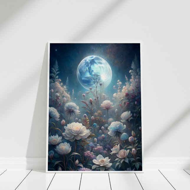 Poster Lunar Bloom - Lua Cheia e Arte do Jardim de Flores (Lunar Bloom – Full Moon and Wildflower Garden Art Poster in a white wooden frame)