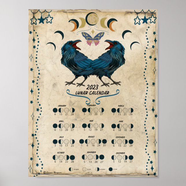 Poster LUNAR CALENDAR 2023,  Crow Moon, Wicca Witch Moon  (Frente)