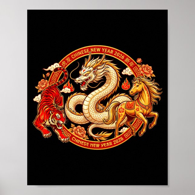 Poster Lunar Zodiac Dragon Tiger Horse Harmony Chinese Ne (Frente)