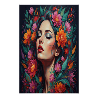 Pôster ​"Lush Floral Dream Woman | Vibrant Portrait Art"