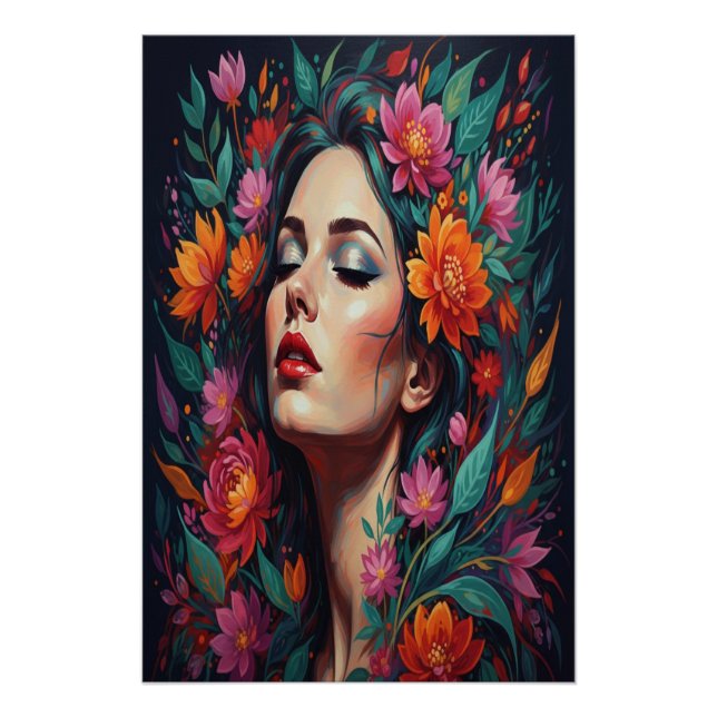 Pôster ​"Lush Floral Dream Woman | Vibrant Portrait Art" (Frente)