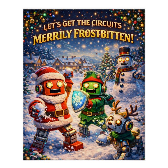 Pôster Luta de bola de neve de Natal com robô retrô sauda (Frente)