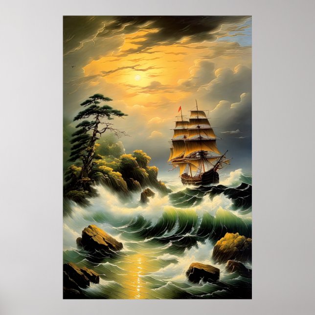 Poster Luta do navio através de mares ondulados (Frente)