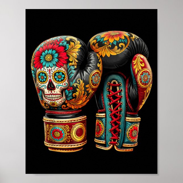 Poster Luvas de Boxe Açúcar Caveira Mexicana Asteca Maia (Frente)