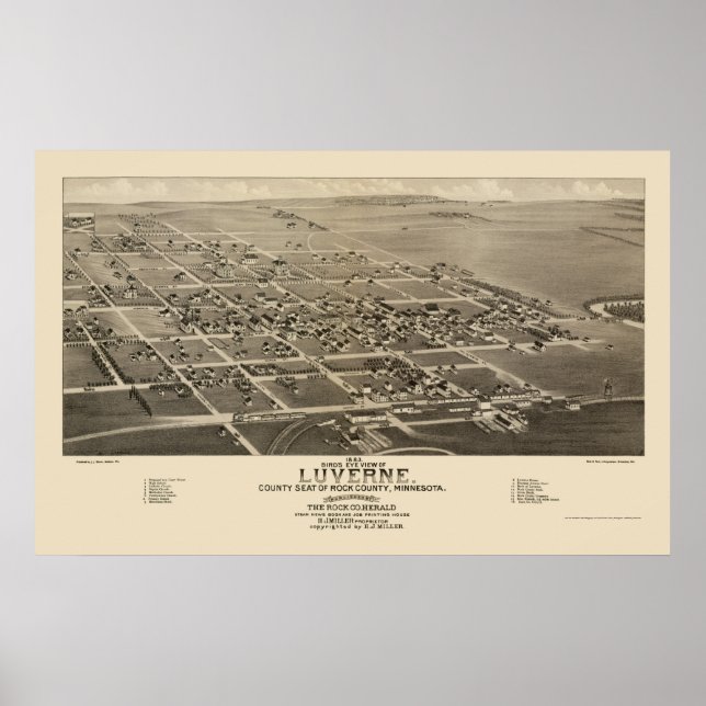 Poster Luverne, Mapa Panorâmico MN - 1883 (Frente)