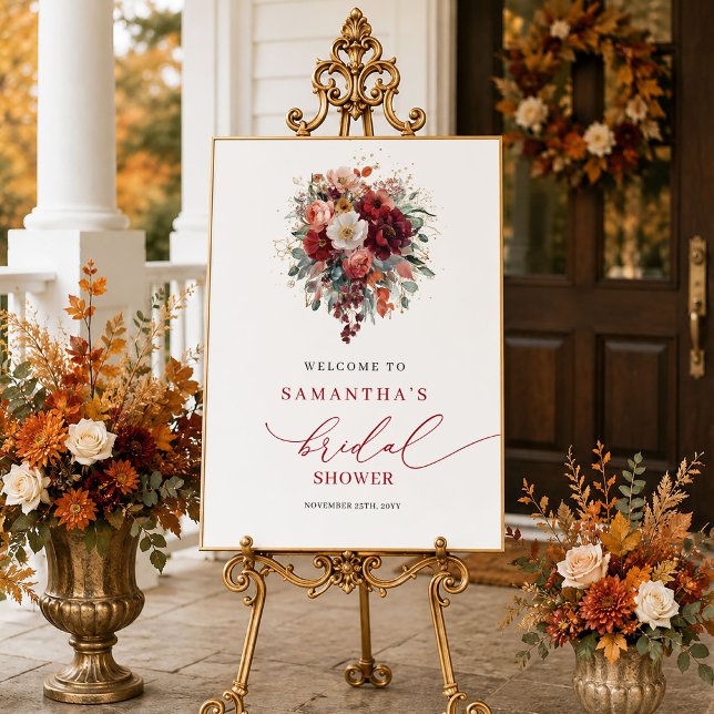 Poster Luxe dourado vermelho profundo outono noivado bem- (Luxe gold deep red autumn bridal shower welcome sign

)