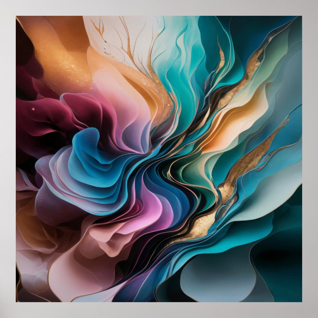 Poster Luxo Abstrato cores vibrantes azul-turquesa laranj (Frente)