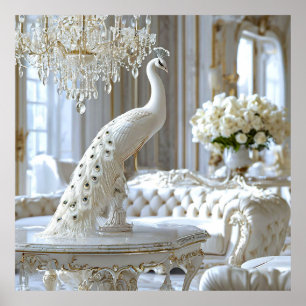 Poster Luxo Arte Pavão Branco Estilo Escultura Elegante