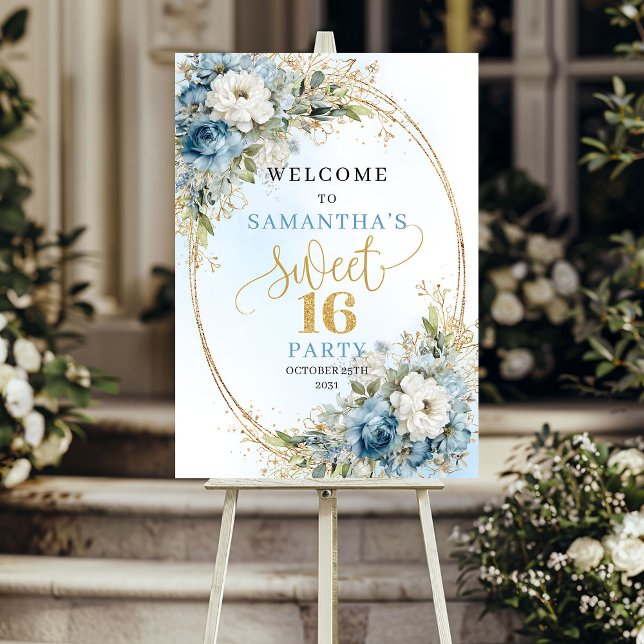 Poster Luxo Boho Light Blue Floral Dourado Sinal de Sweet (Luxury Light Blue Floral Sweet 16 Sign)