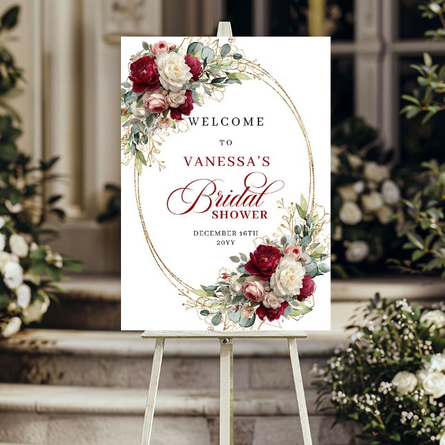 Poster Luxo Burgundy Branco Floral Boho Chá de Noiva (Luxury Burgundy White Floral Boho Bridal Shower Welcome)