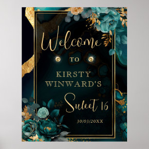 Poster Luxuoso Agate Floral em Turquesa e Dourado Bem-vin