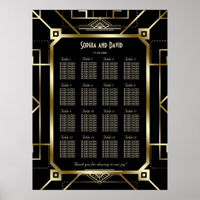 Poster Luxuoso Gráfico de Assentos Preto e Dourado (Frente)