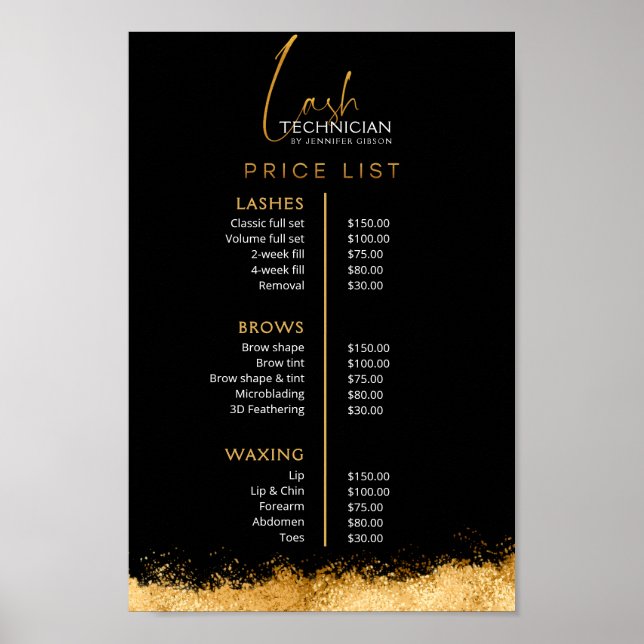 Poster Luxury Black and Gold Lash Tech Price List  (Frente)