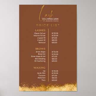 Poster Luxury Gold & Brown Lash Tech Price List 