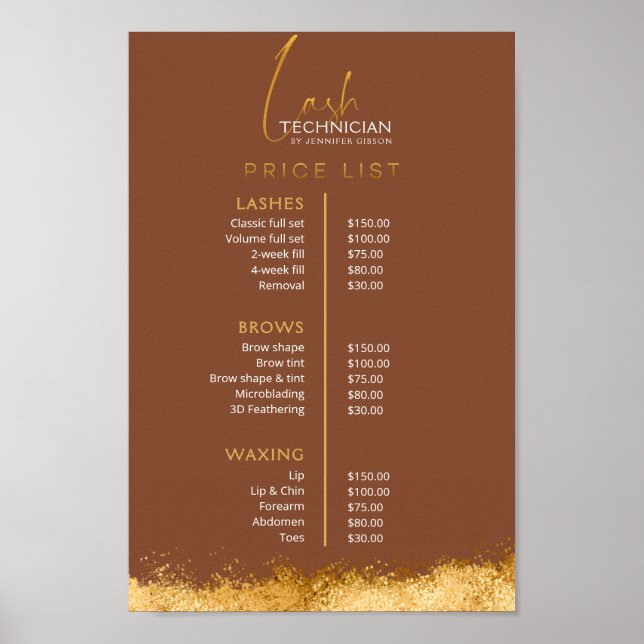 Poster Luxury Gold & Brown Lash Tech Price List  (Frente)