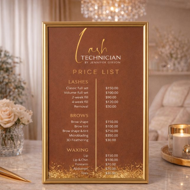 Poster Luxury Gold & Brown Lash Tech Price List  (Criador carregado)
