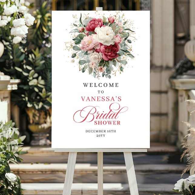 Poster Luxury Gold Burgundy Floral Bridal Shower Welcome (Luxury Gold Burgundy Floral Bridal Shower Welcome)