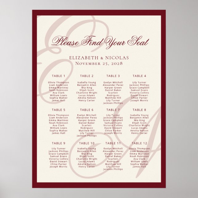 Poster Luxury Monogram Calligraphy Wedding Seating Chart (Frente)