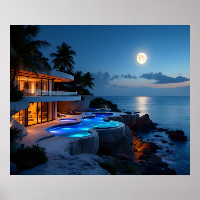 Poster Luxury Moonlit Villa – Modern Ocean Night Aestheti (Frente)
