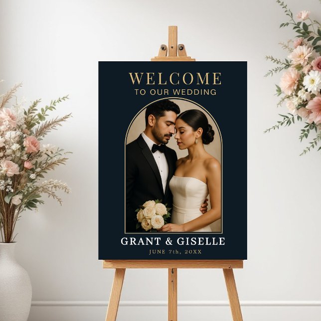 Poster Luxury Navy Blue Gold Photo Wedding Welcome Sign  (Criador carregado)