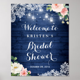 Poster Luz de Corda Azul Rústica Sinal de Chá de Noiva Fl