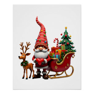 Pôster Luz de Natal Gnome Papai Noel Montado em Trenó Hi