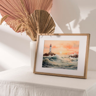 Poster Luz de orientação: Arte de aquarela de farol